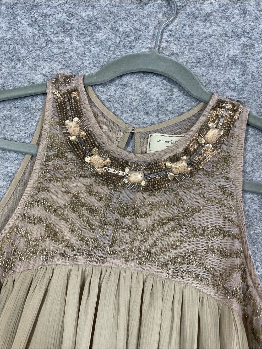 Anthropologie Moulinette Soeurs Beaded Chiffon Dress 6 Taupe Grecian Boho Tunic - Picture 3 of 16